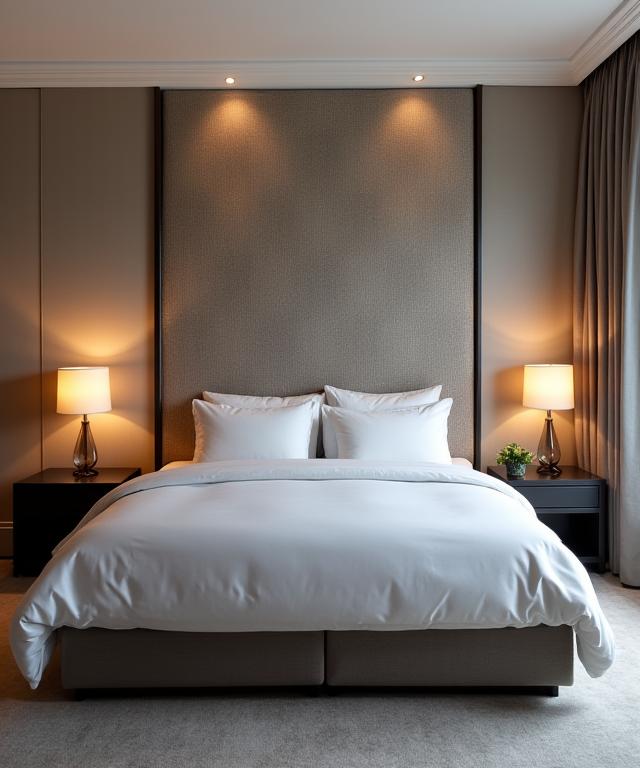 Camera da letto elegante con carta da parati materica dietro la testiera.