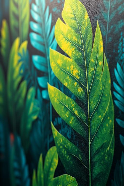 Dettaglio ravvicinato di una carta da parati con foglie tropicali.