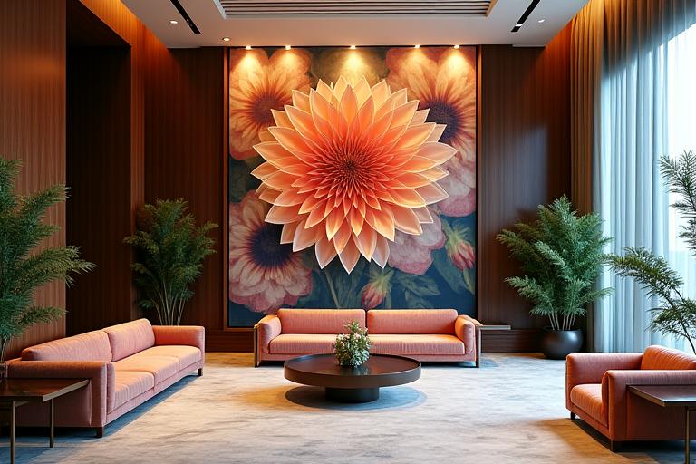 Lobby di un boutique hotel con un grande murale floreale.