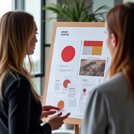 Designer che mostra una moodboard a un cliente.